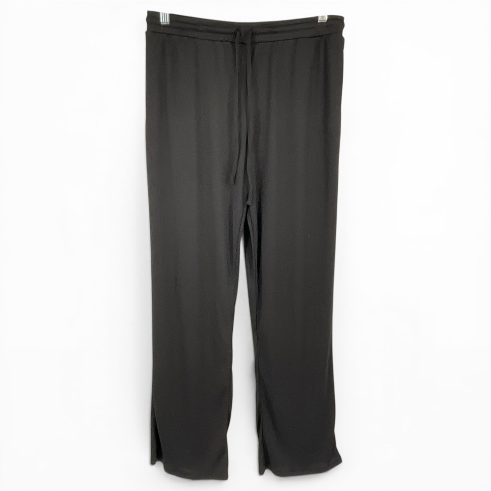 Live 2 Lounge Womens Black Ribbed Knit Wide Leg Drawstring Lounge Pants Medium